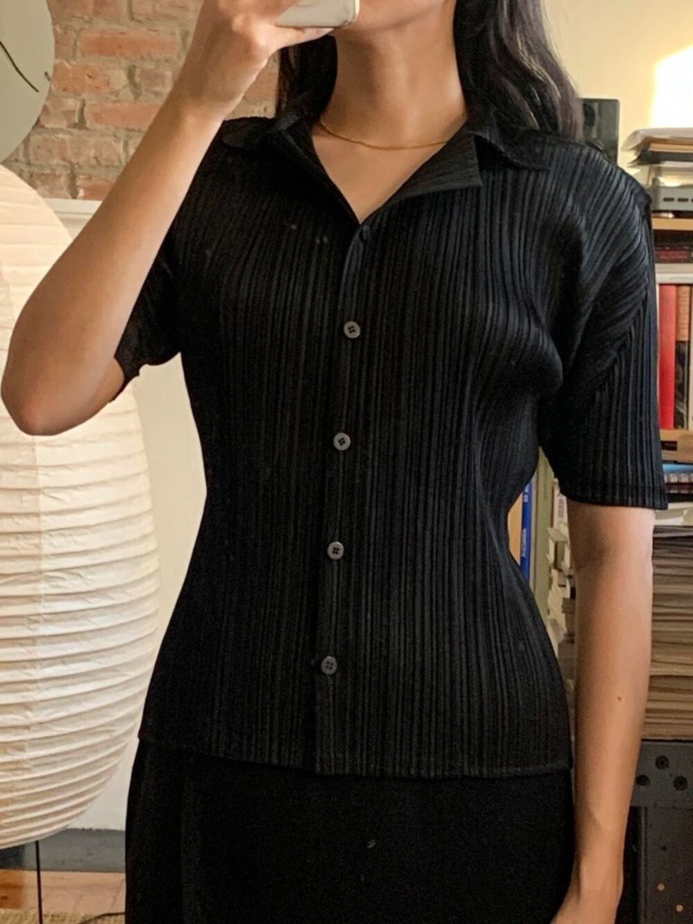 Issey Miyake Pleats Please Short Sleeve Button Up Top Black JP3